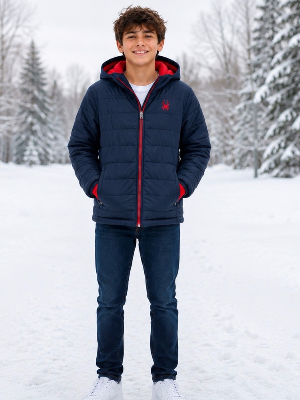 Spyder boys 14/16 puffer jacket navy red hooded coat winter full zip lightweight